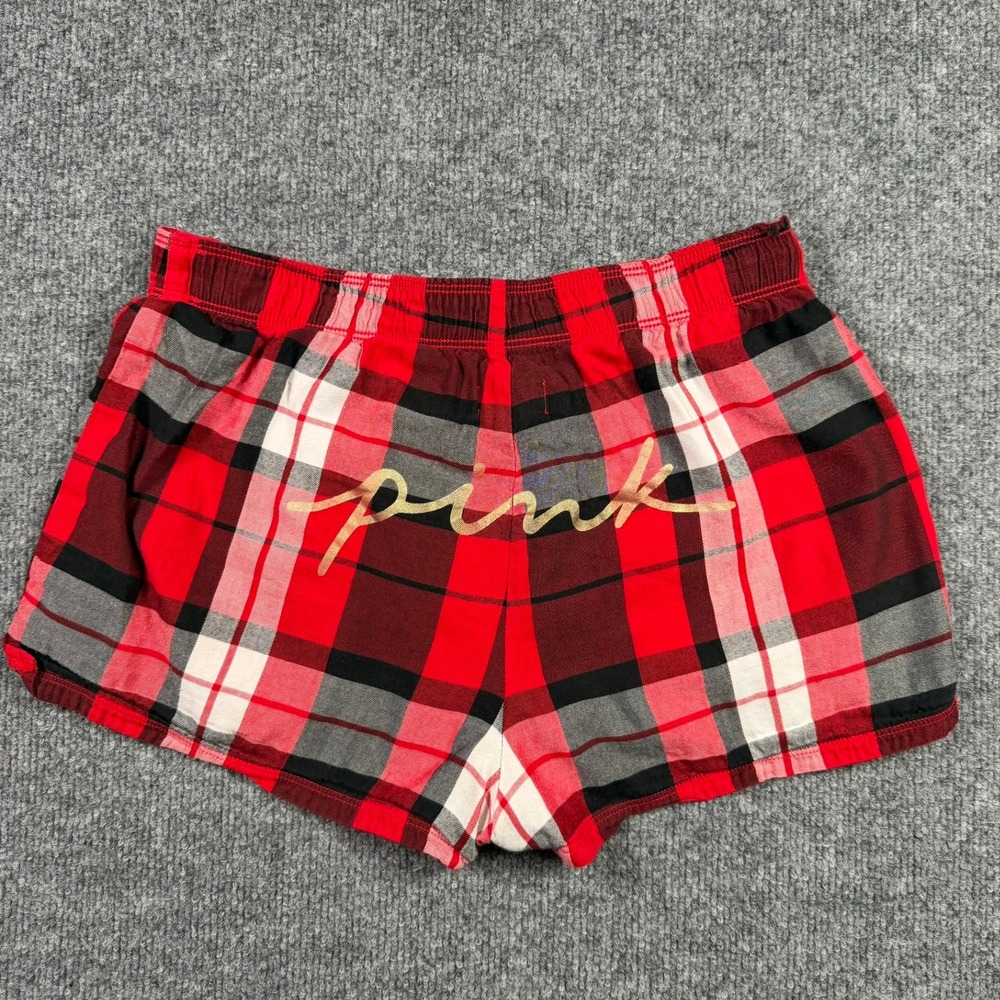 PINK Pajama Shorts Womens XS Red Plaid Gold Logo Sleep Bottoms Woven Boxer